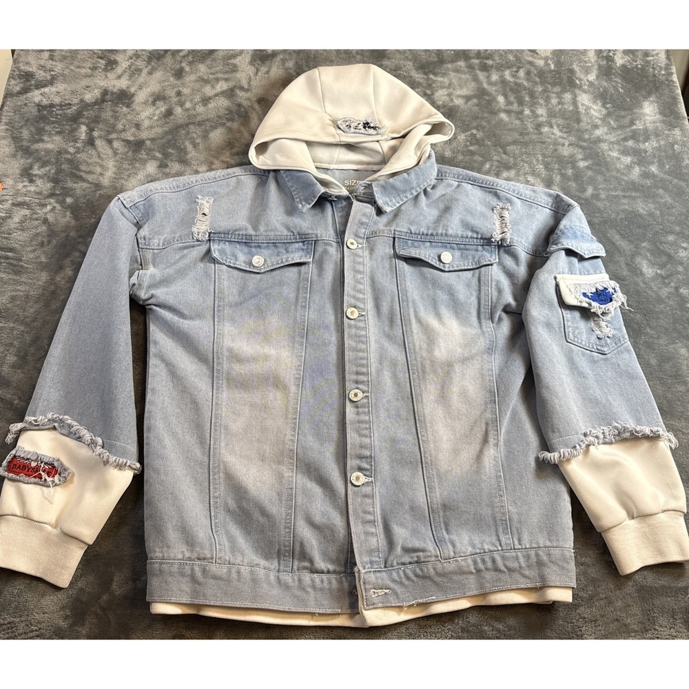 Naruto Anime Unisex Distressed Denim Jacket Hoodie Blue Men Size L